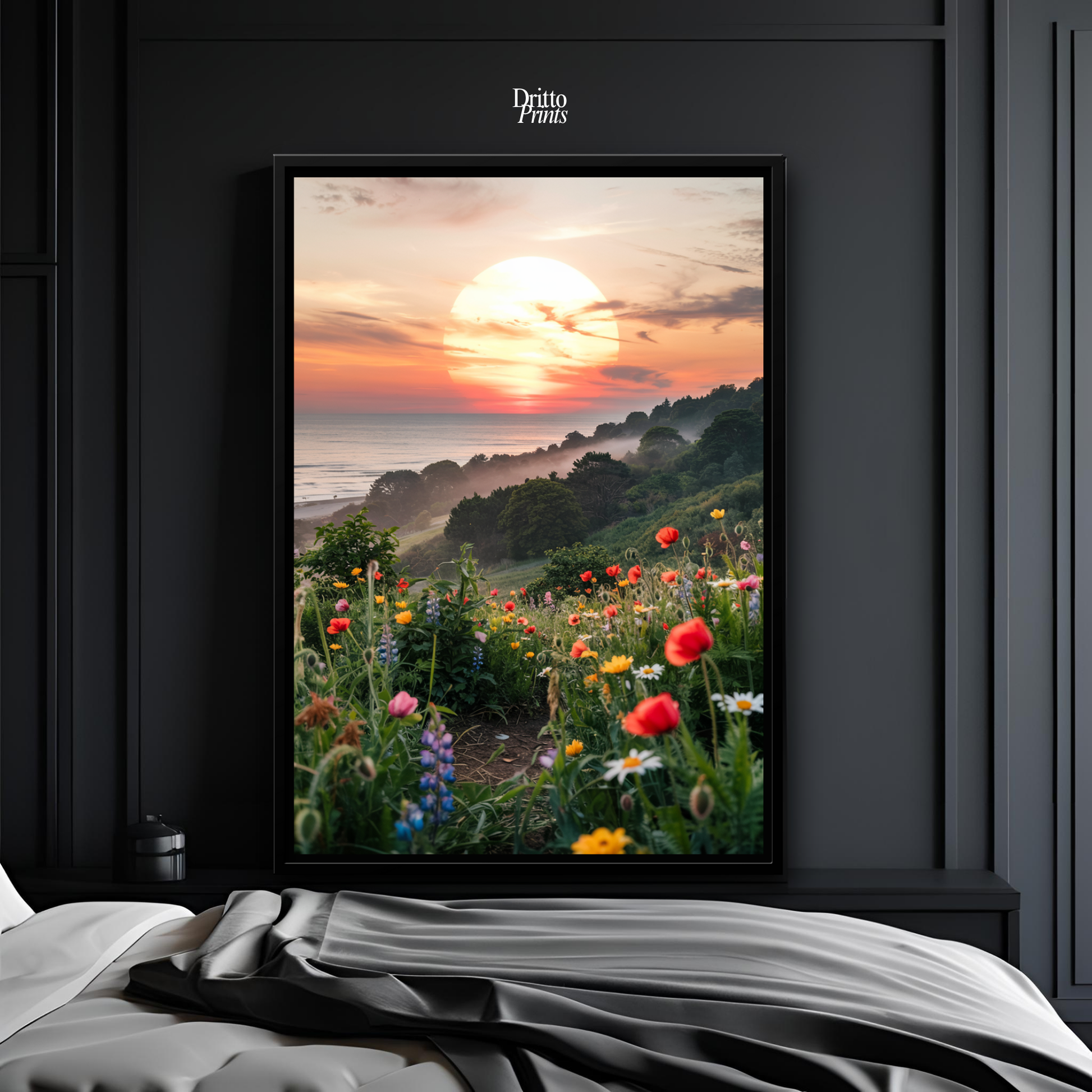 (CF5) Mystical Sunrise Over Hillside - Framed canvas