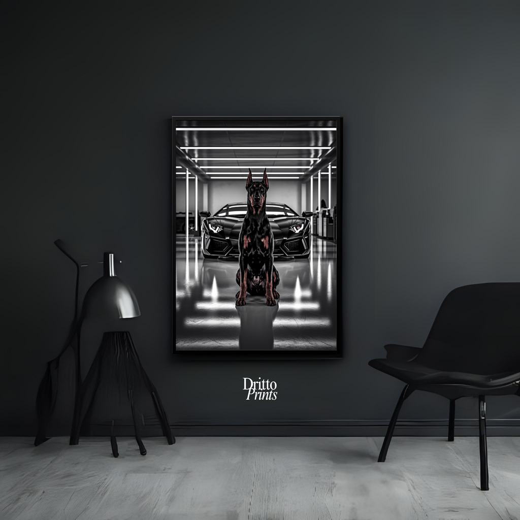 (FD6) The Garage King – Doberman and Aventador - Framed matte paper poster