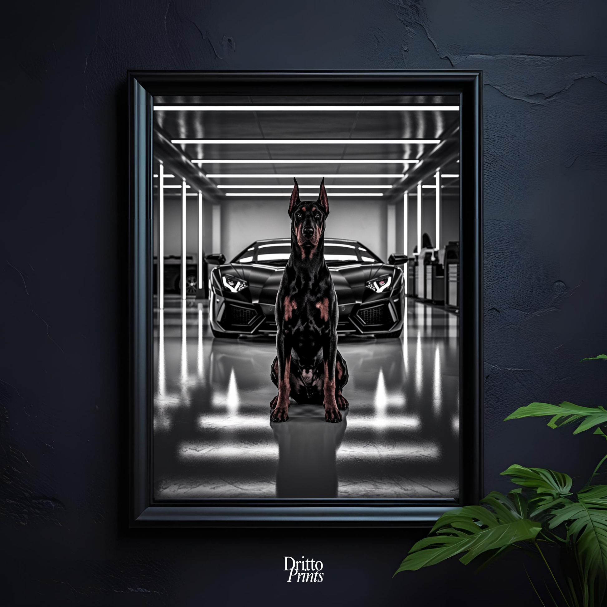 (FD6) The Garage King – Doberman and Aventador - Framed matte paper poster