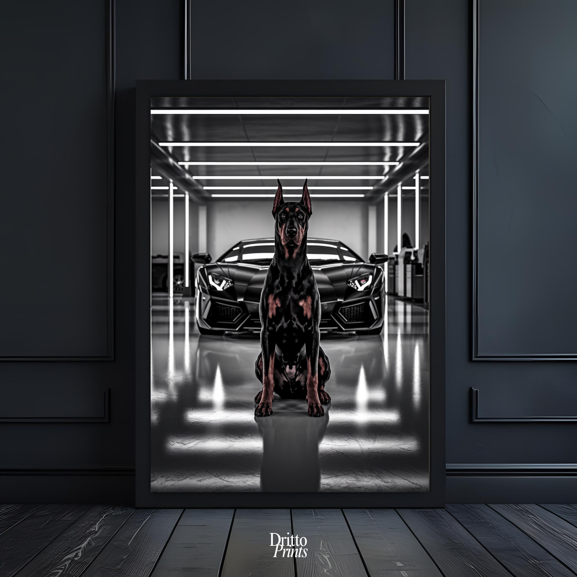 (FD6) The Garage King – Doberman and Aventador - Framed matte paper poster