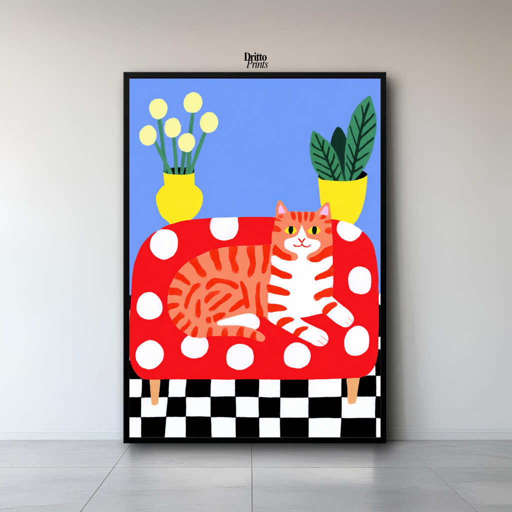 (FD38) Goofy Orange Cat Wrecks the Couch – Framed matte paper poster