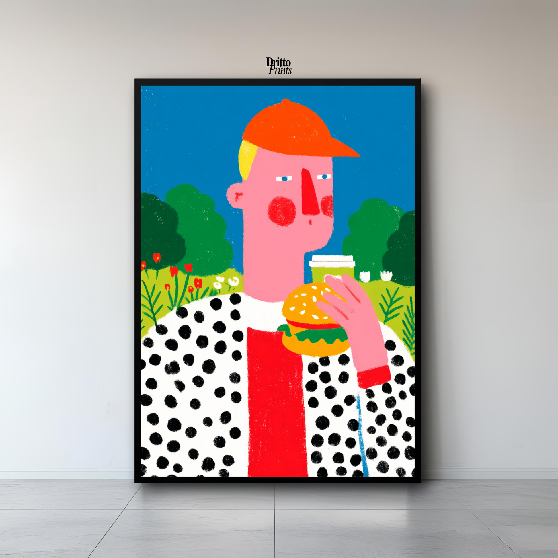 (FD45) Man Eating Burger in the Field –Framed matte paper poster