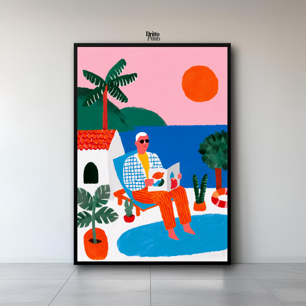 (FD37) Morning Glow by the Pool – 1980s Villa Scene Framed matte paper poster