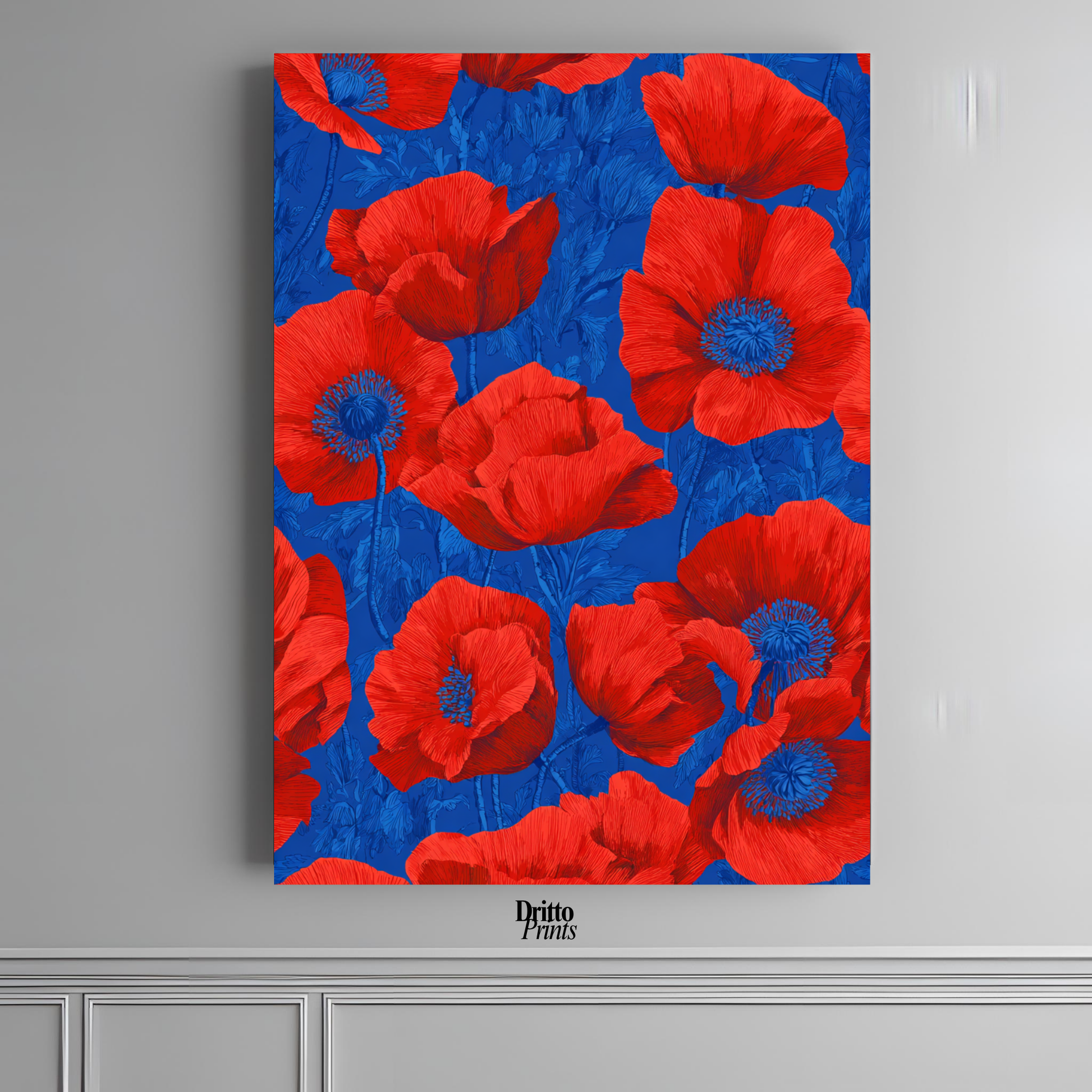 (CD9) Deco Bloom – Red Poppies on Blue Canvas