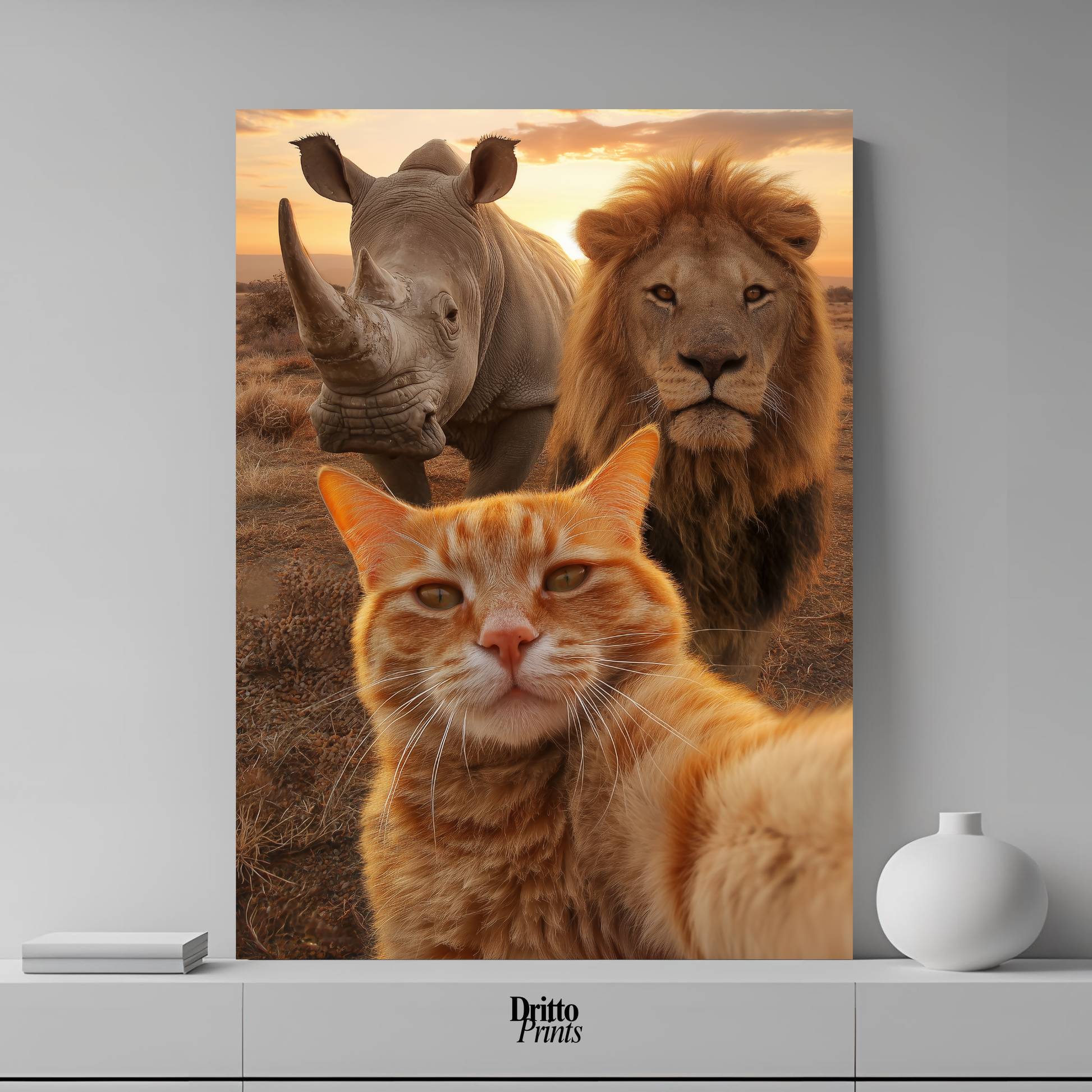 (PD26) Savannah Selfie: Tabby Cat, Lion & Rhino at Sunset Poster