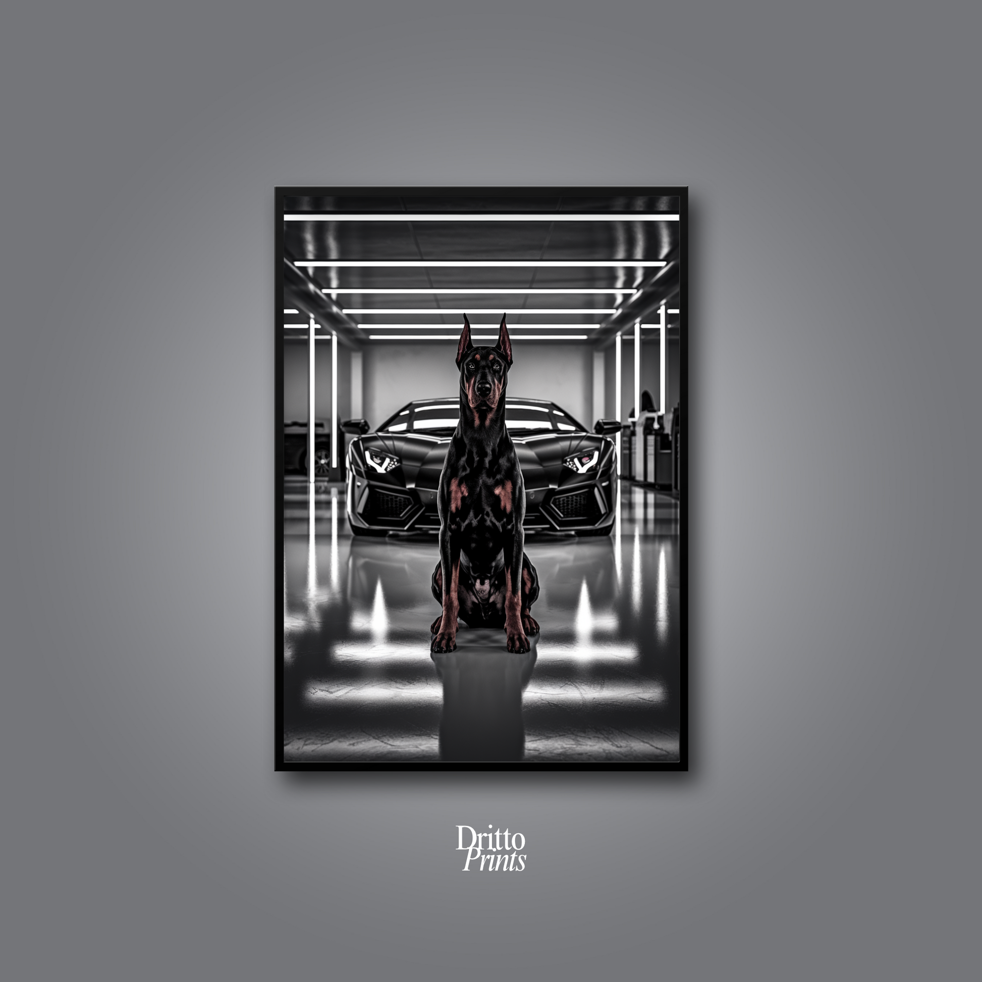 (FD6) The Garage King – Doberman and Aventador - Framed matte paper poster