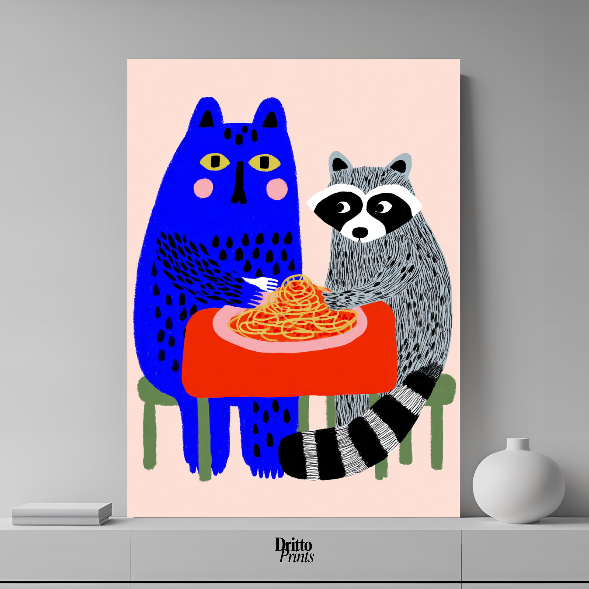 (PD44) Cat & Raccoon Dining Spaghetti - Poster