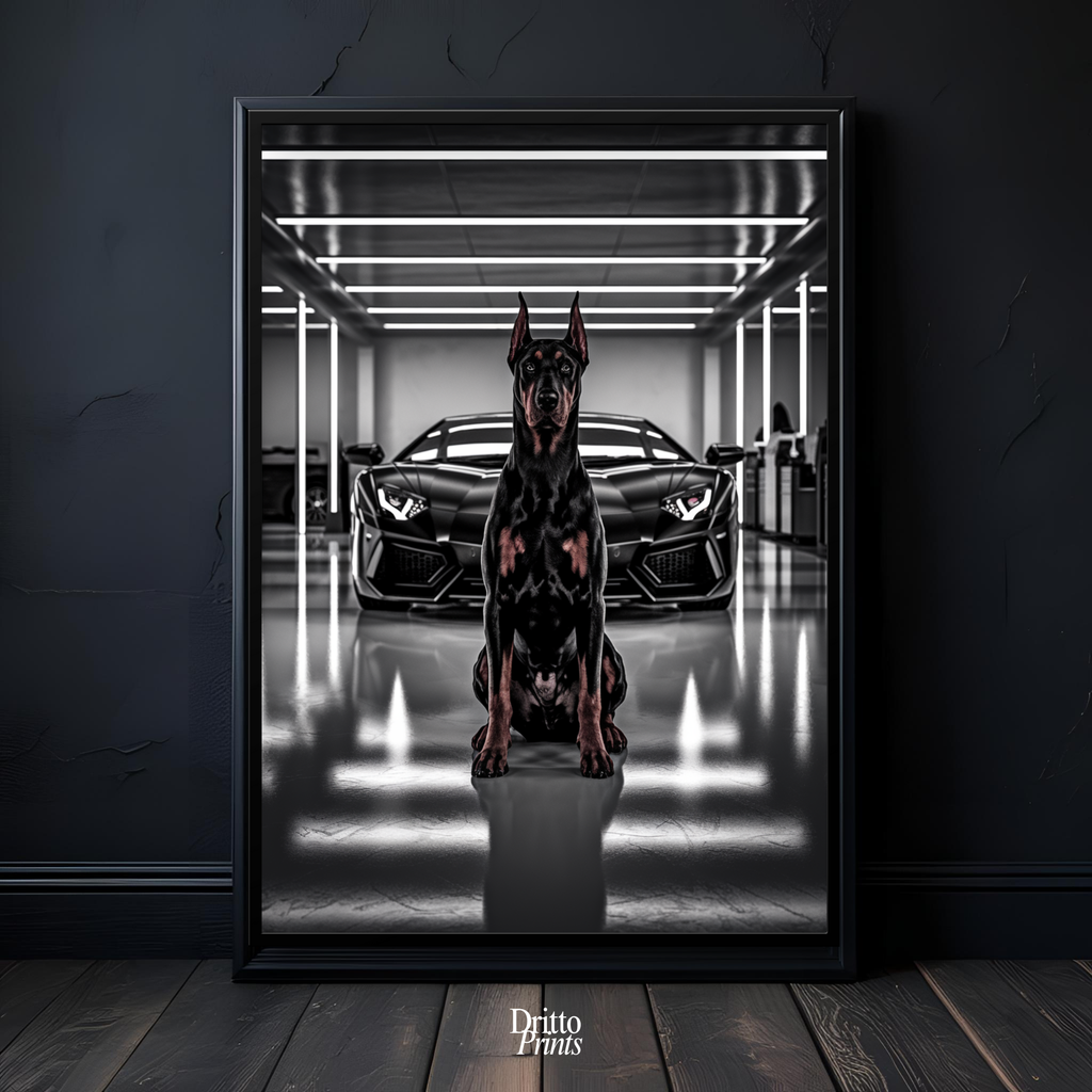 (FD6) The Garage King – Doberman and Aventador - Framed matte paper poster