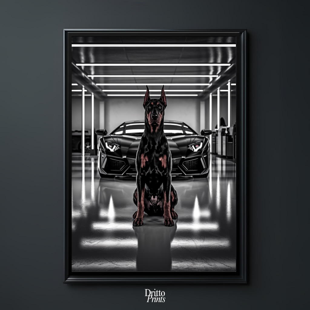 (FD6) The Garage King – Doberman and Aventador - Framed matte paper poster