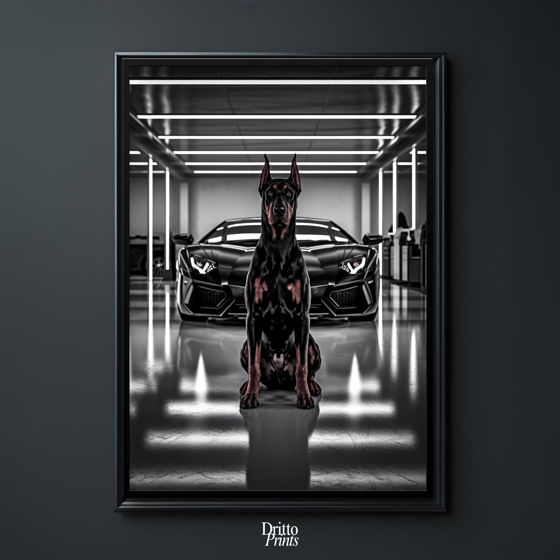 (FD6) The Garage King – Doberman and Aventador - Framed matte paper poster