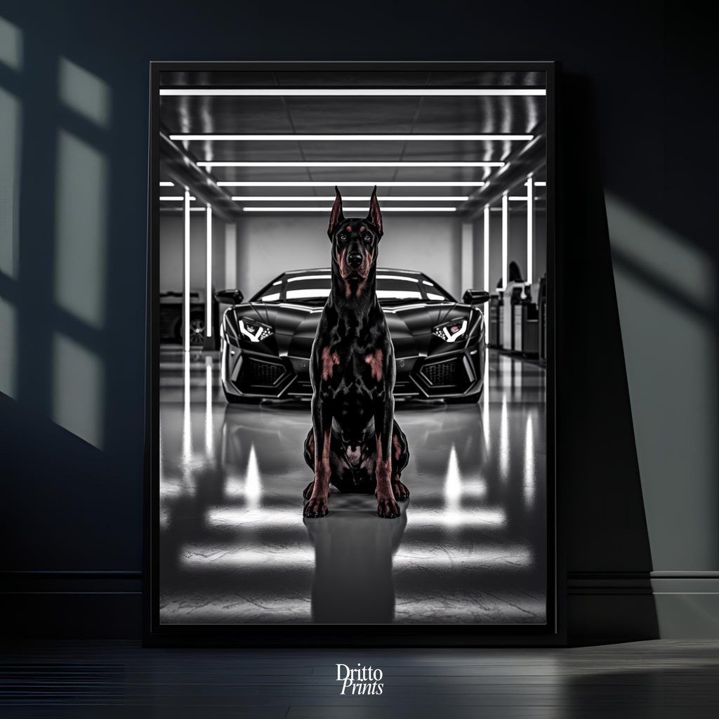 (FD6) The Garage King – Doberman and Aventador - Framed matte paper poster