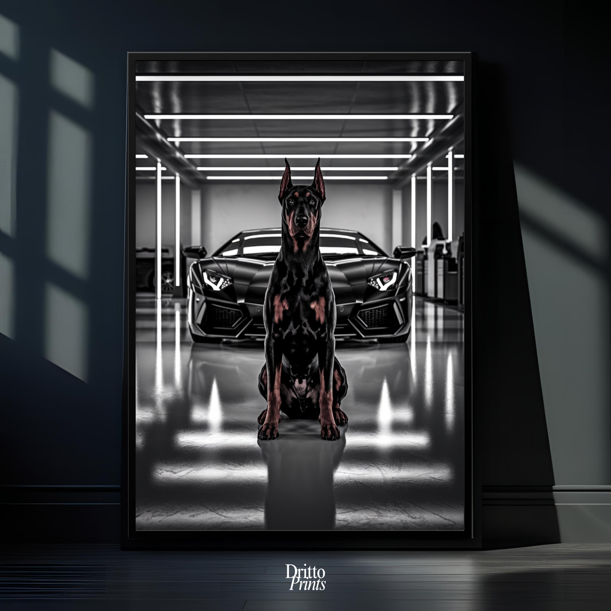 (FD6) The Garage King – Doberman and Aventador - Framed matte paper poster