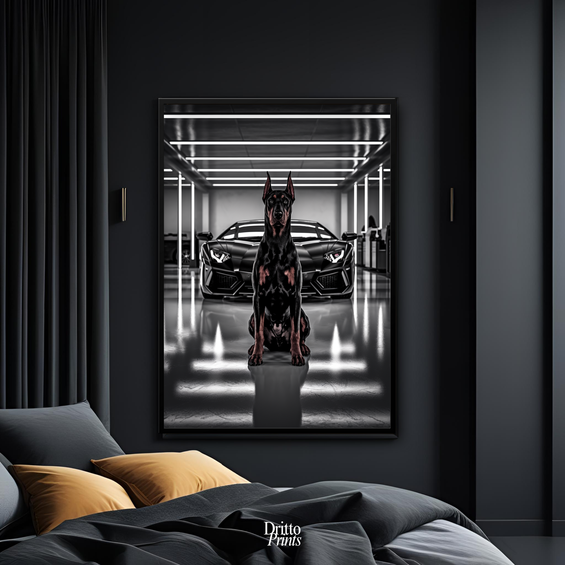 (FD6) The Garage King – Doberman and Aventador - Framed matte paper poster