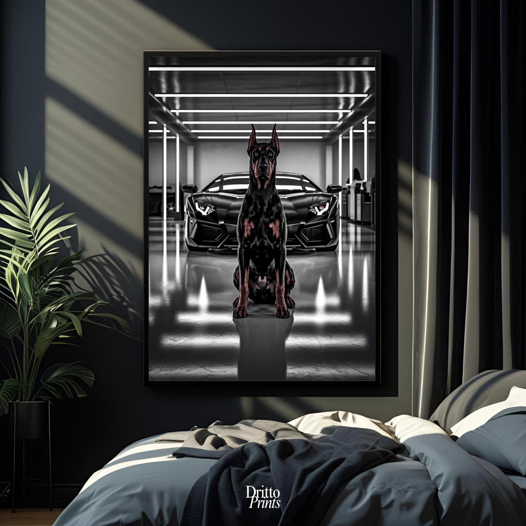 (FD6) The Garage King – Doberman and Aventador - Framed matte paper poster