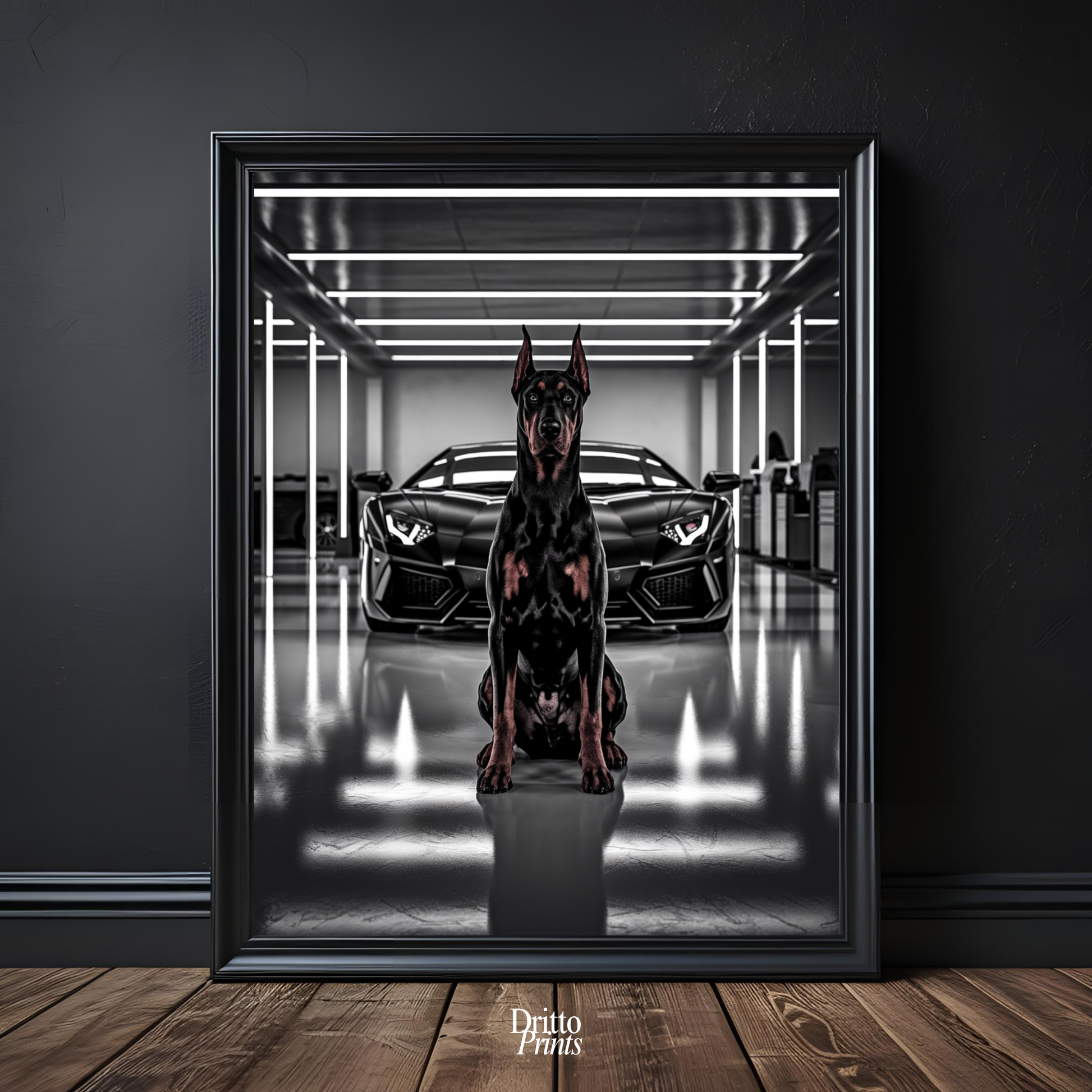 (FD6) The Garage King – Doberman and Aventador - Framed matte paper poster