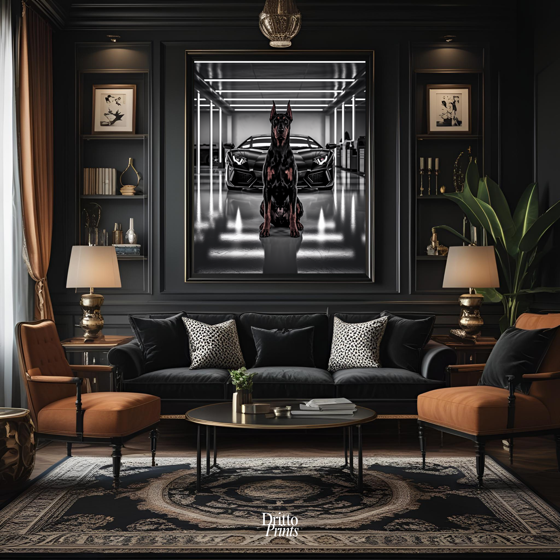 (FD6) The Garage King – Doberman and Aventador - Framed matte paper poster