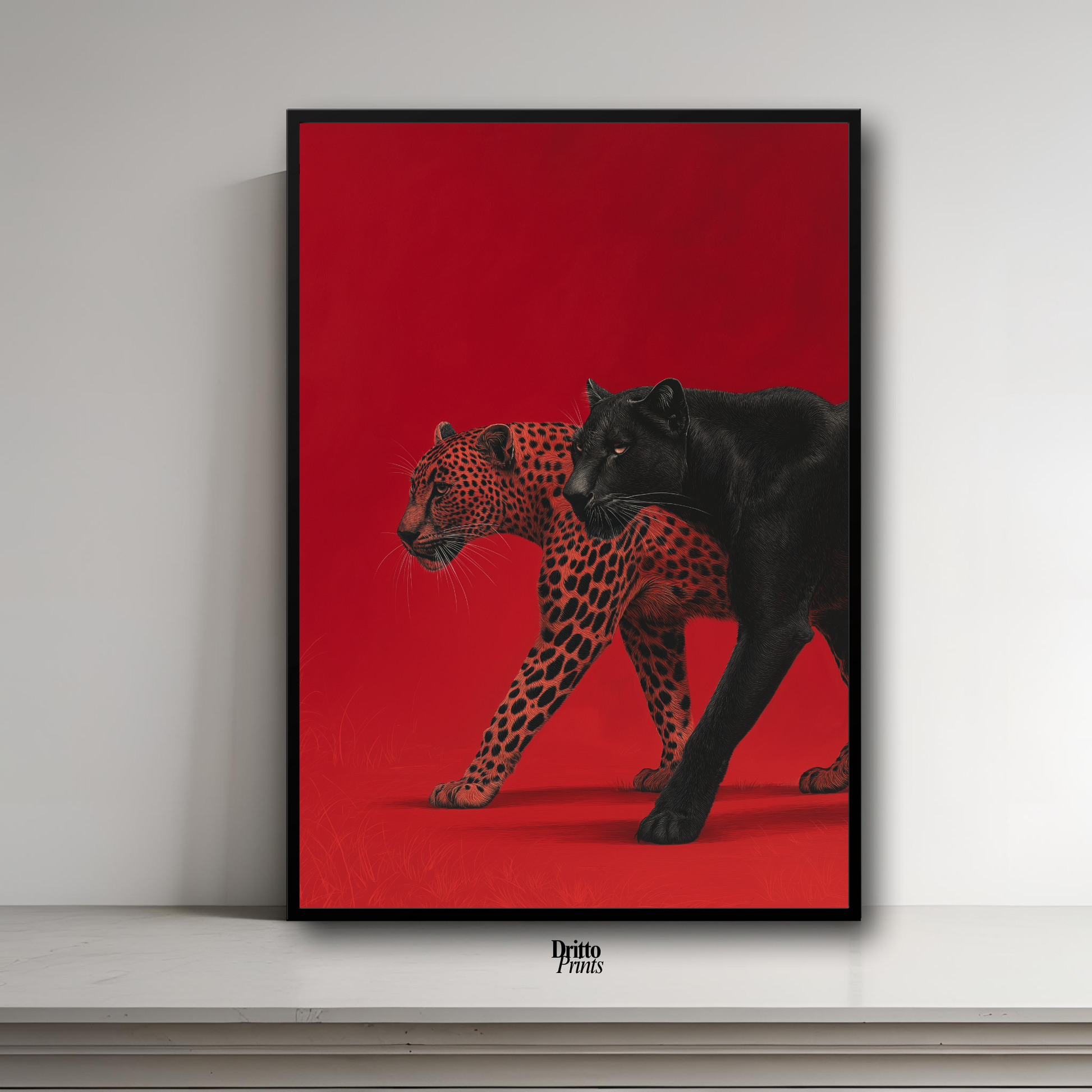 (FD32) Wild Pair – Black Panther & Cheetah Silhouette on Red Framed matte paper poster