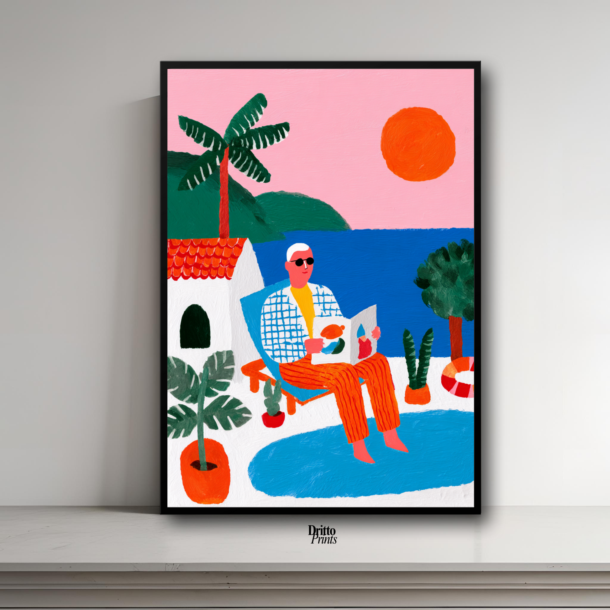 (FD37) Morning Glow by the Pool – 1980s Villa Scene Framed matte paper poster