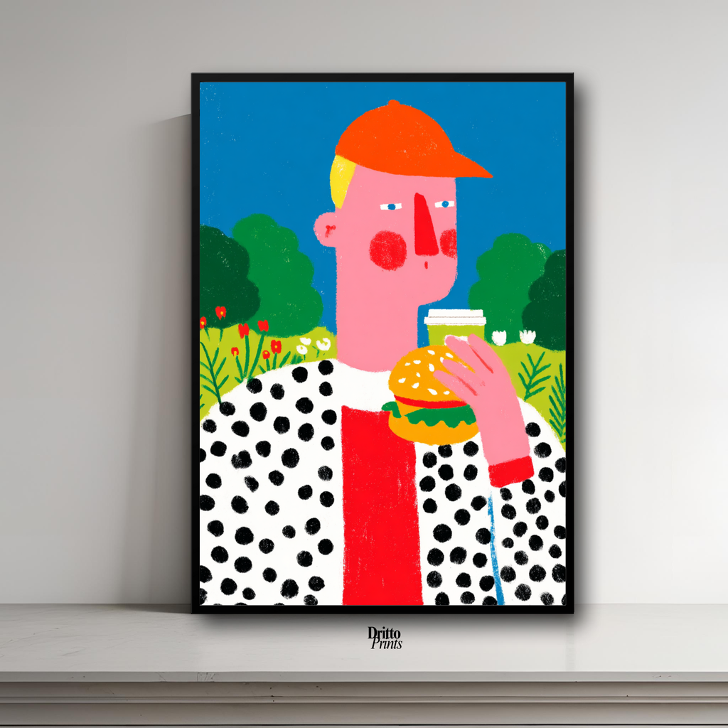 (FD45) Man Eating Burger in the Field –Framed matte paper poster