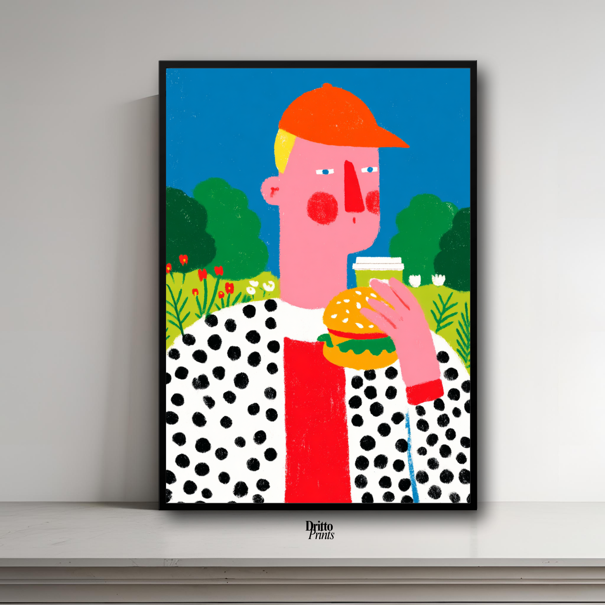 (FD45) Man Eating Burger in the Field –Framed matte paper poster