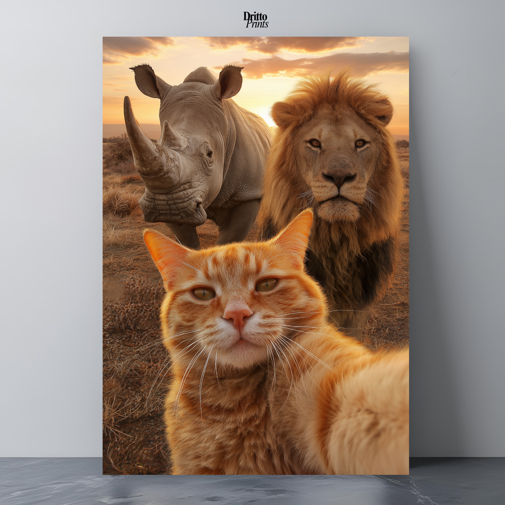 (PD26) Savannah Selfie: Tabby Cat, Lion & Rhino at Sunset Poster