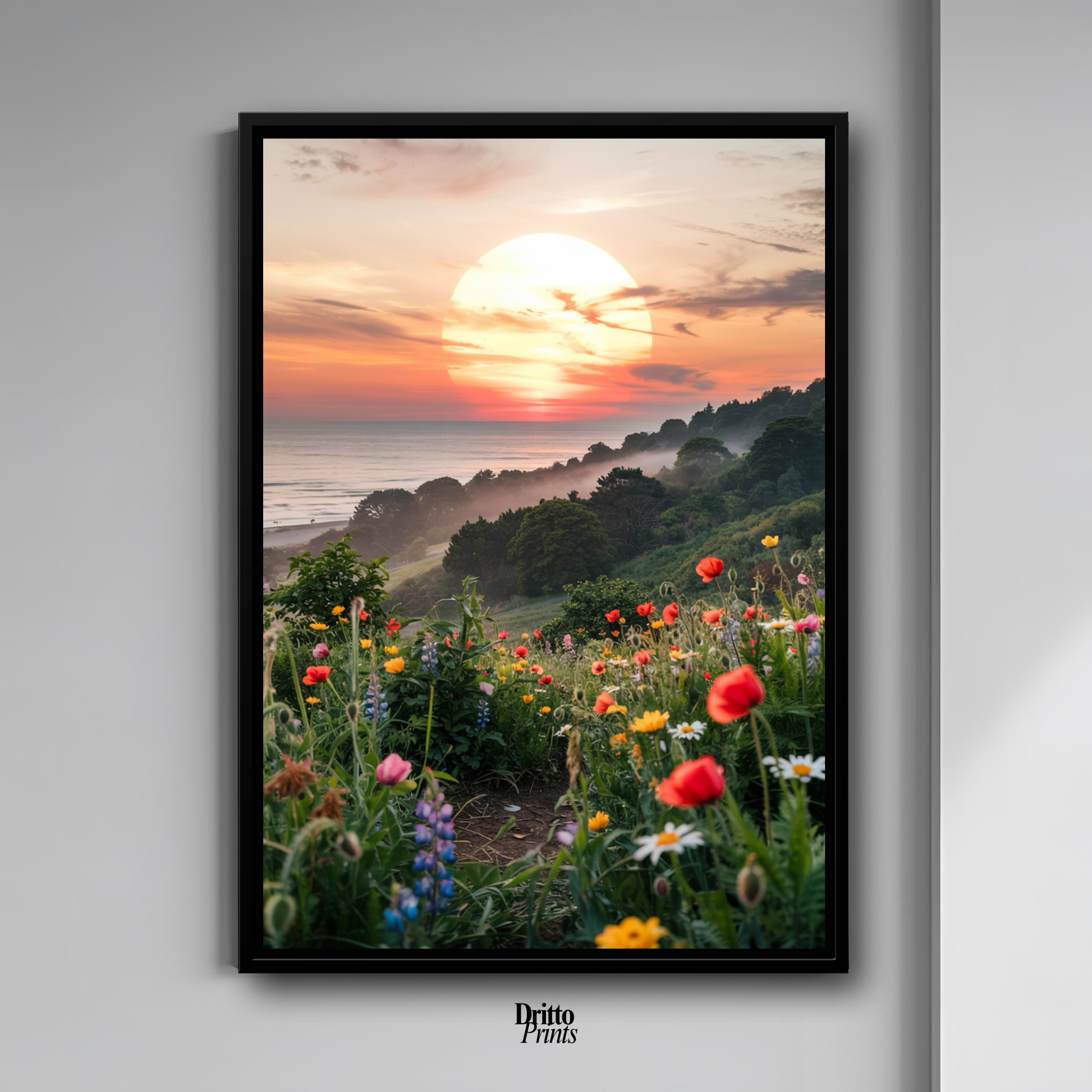 (CF5) Mystical Sunrise Over Hillside - Framed canvas