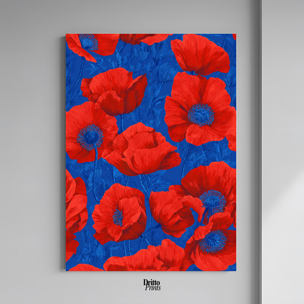 (CD9) Deco Bloom – Red Poppies on Blue Canvas