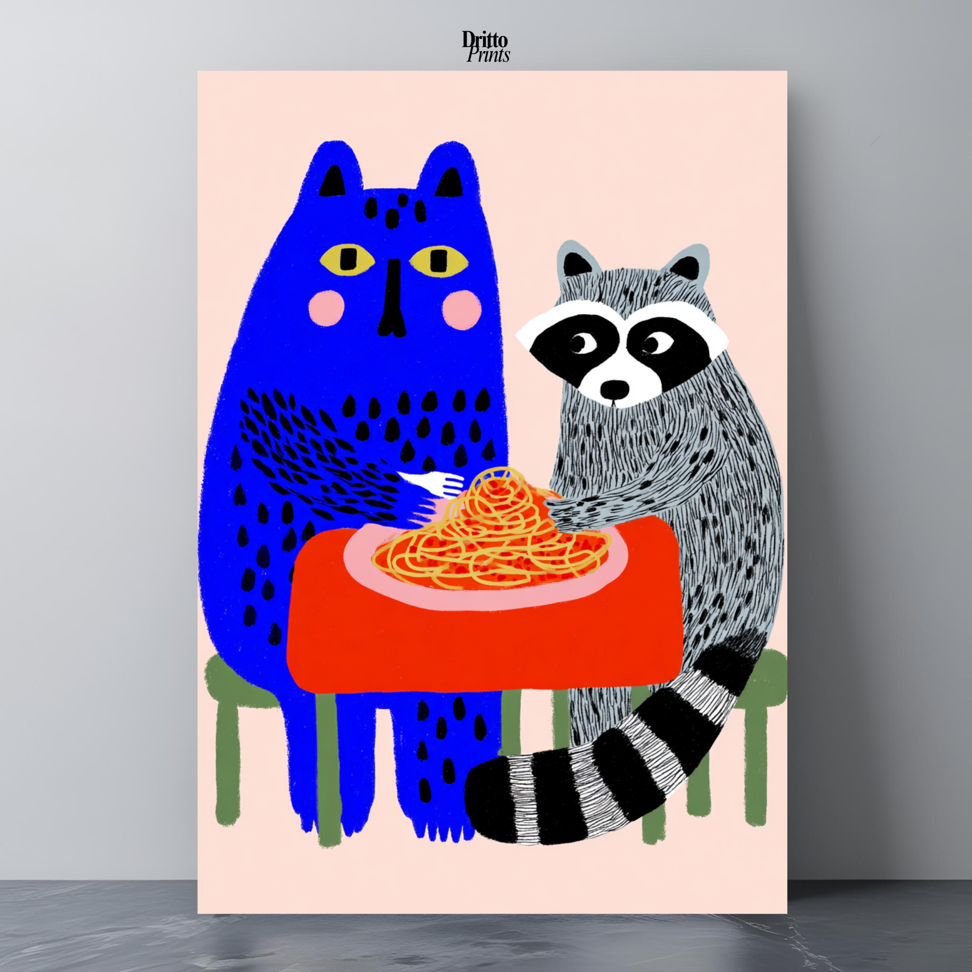 (PD44) Cat & Raccoon Dining Spaghetti - Poster