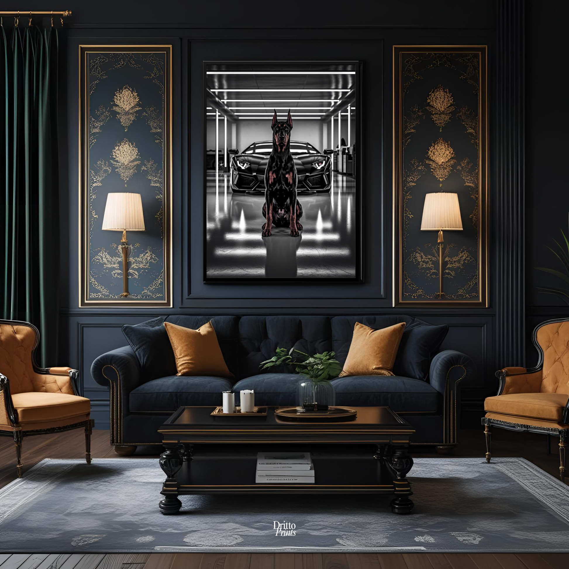 (FD6) The Garage King – Doberman and Aventador - Framed matte paper poster