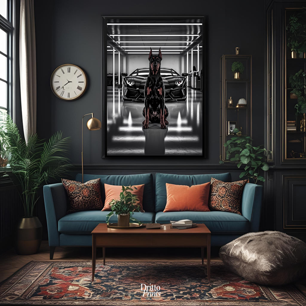 (FD6) The Garage King – Doberman and Aventador - Framed matte paper poster