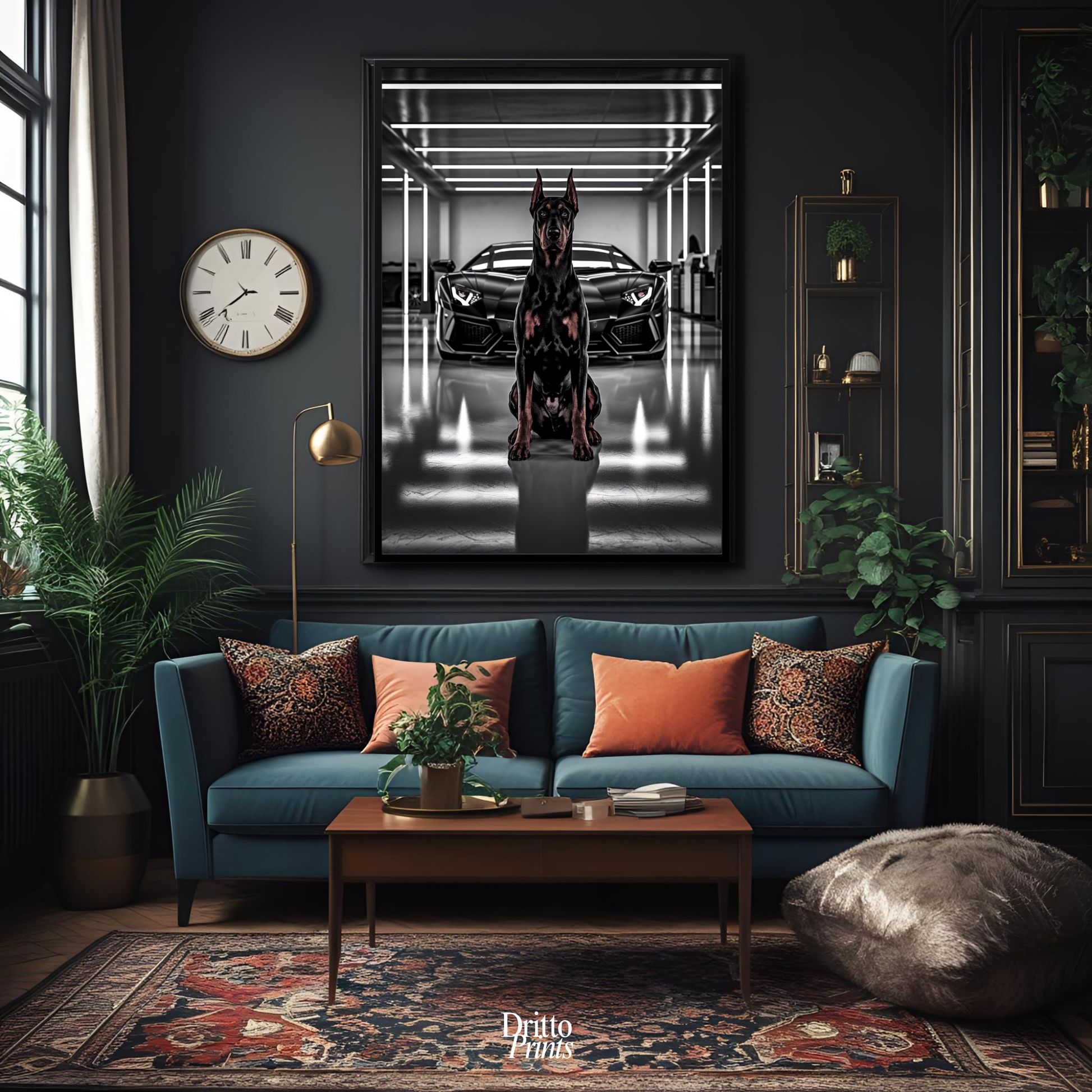 (FD6) The Garage King – Doberman and Aventador - Framed matte paper poster