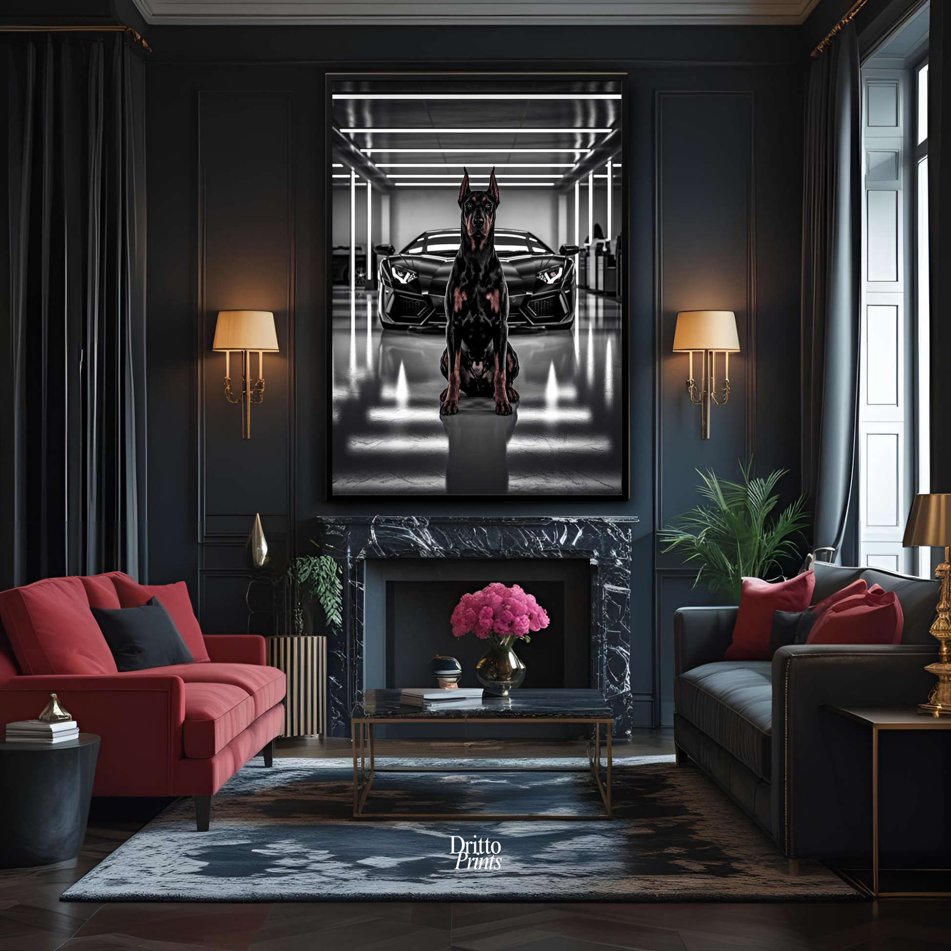 (FD6) The Garage King – Doberman and Aventador - Framed matte paper poster