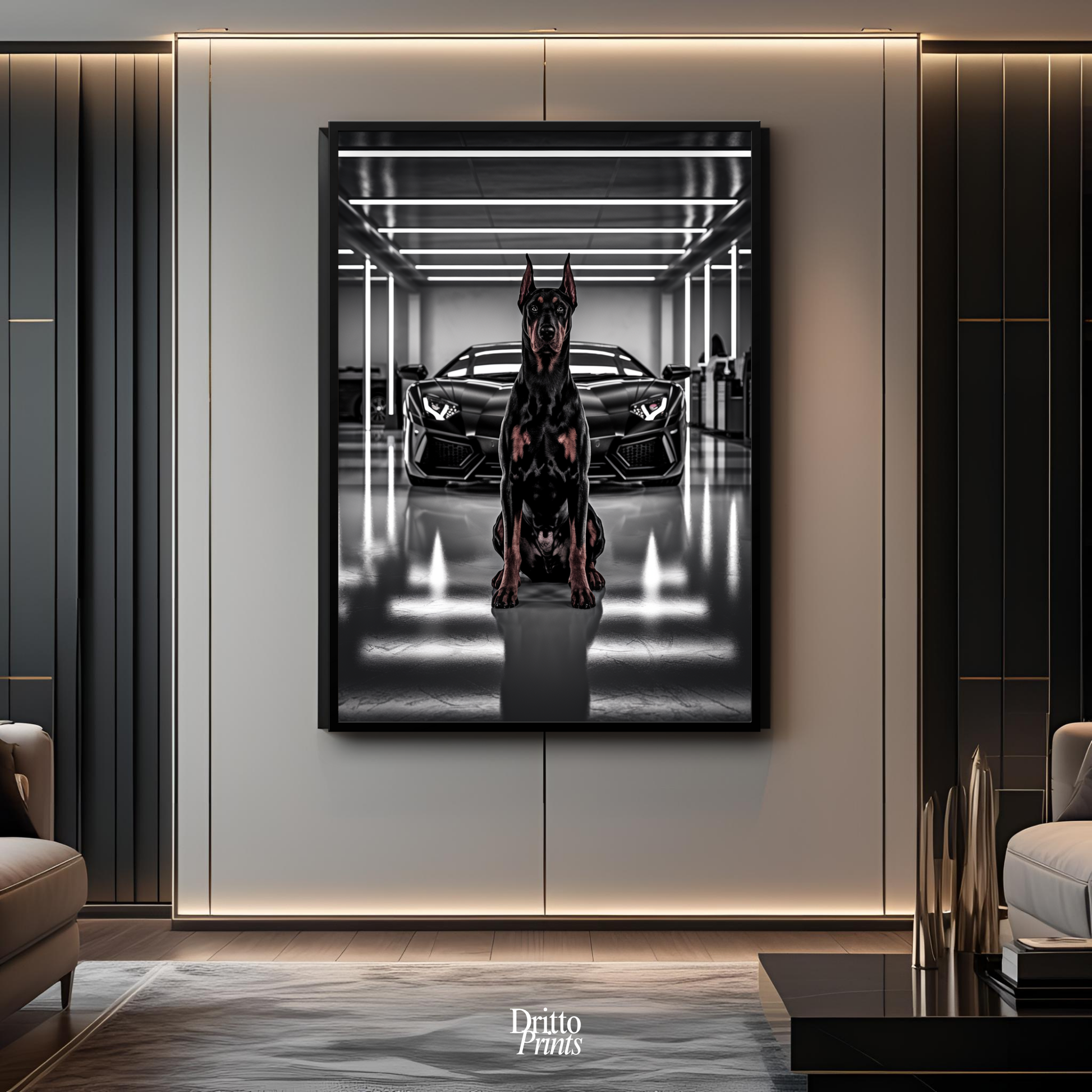 (FD6) The Garage King – Doberman and Aventador - Framed matte paper poster