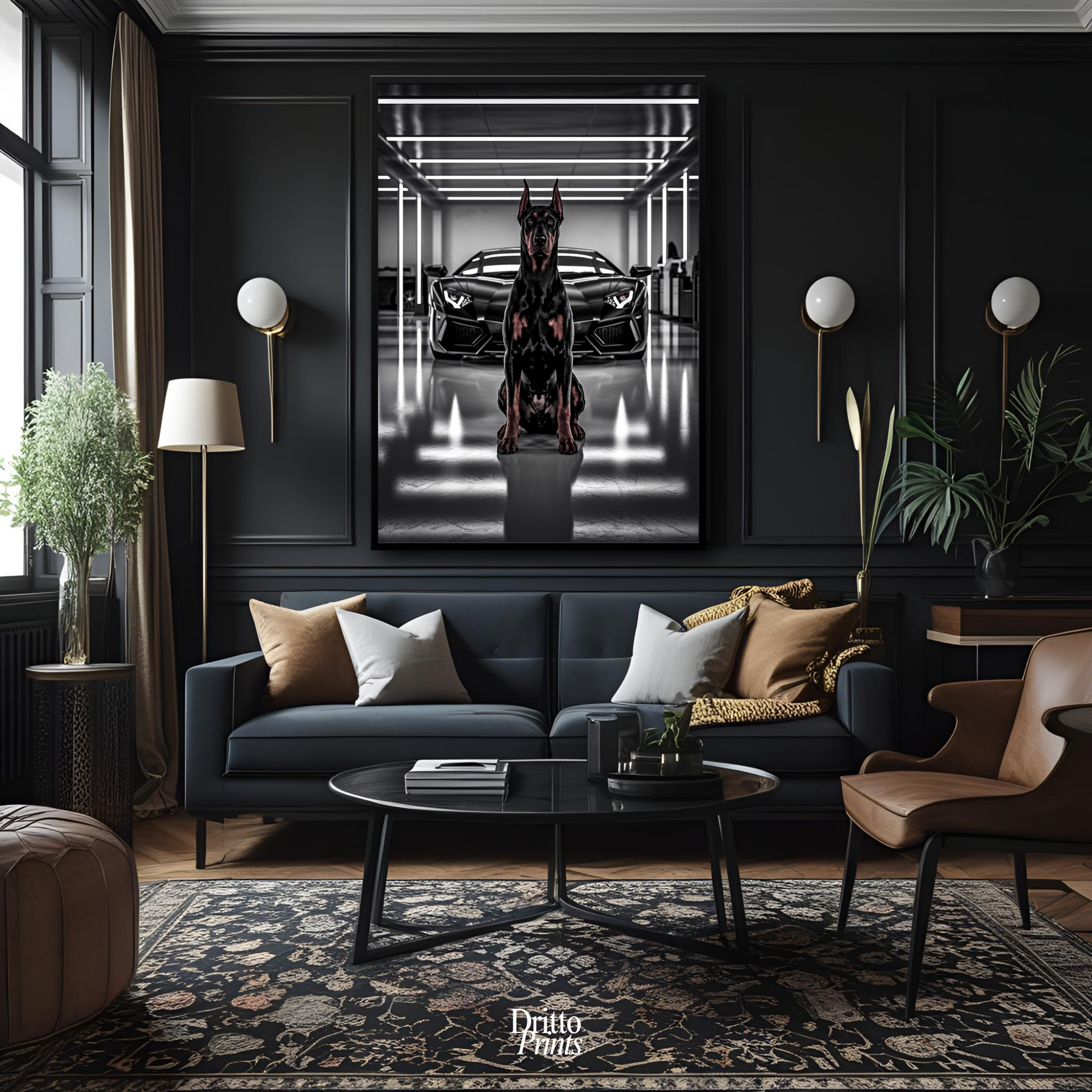(FD6) The Garage King – Doberman and Aventador - Framed matte paper poster