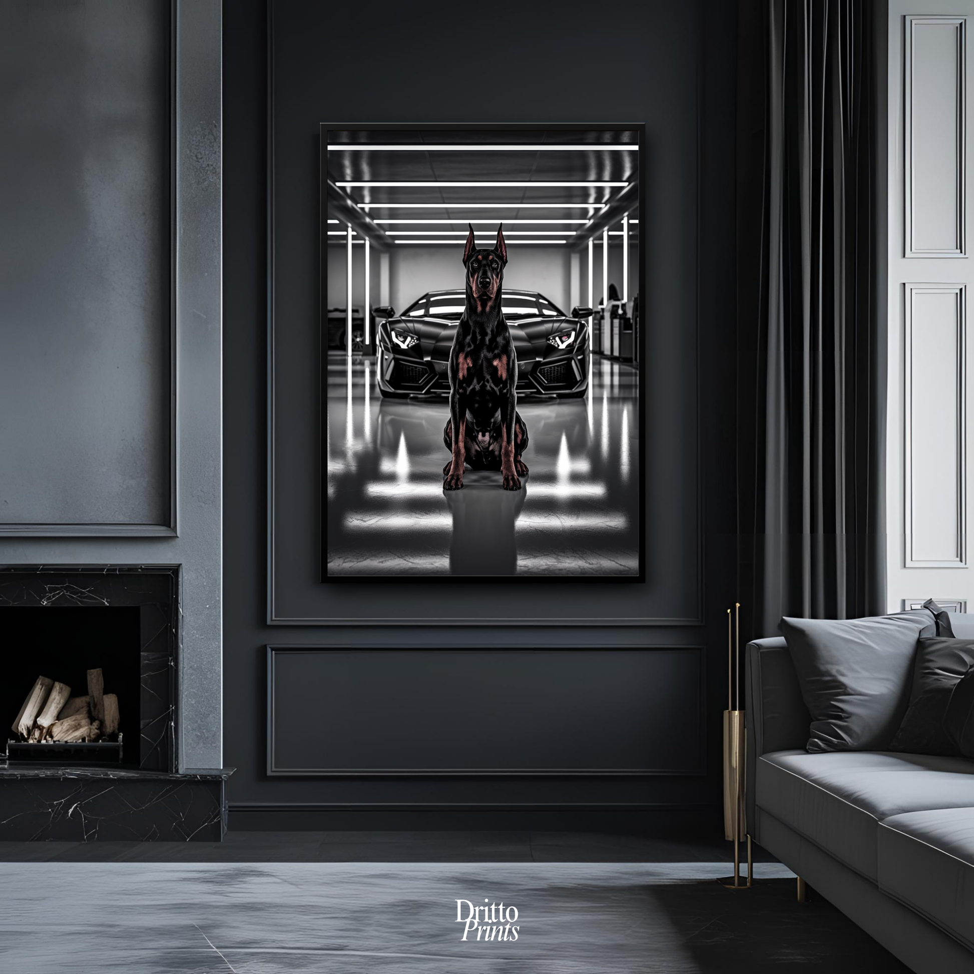 (FD6) The Garage King – Doberman and Aventador - Framed matte paper poster