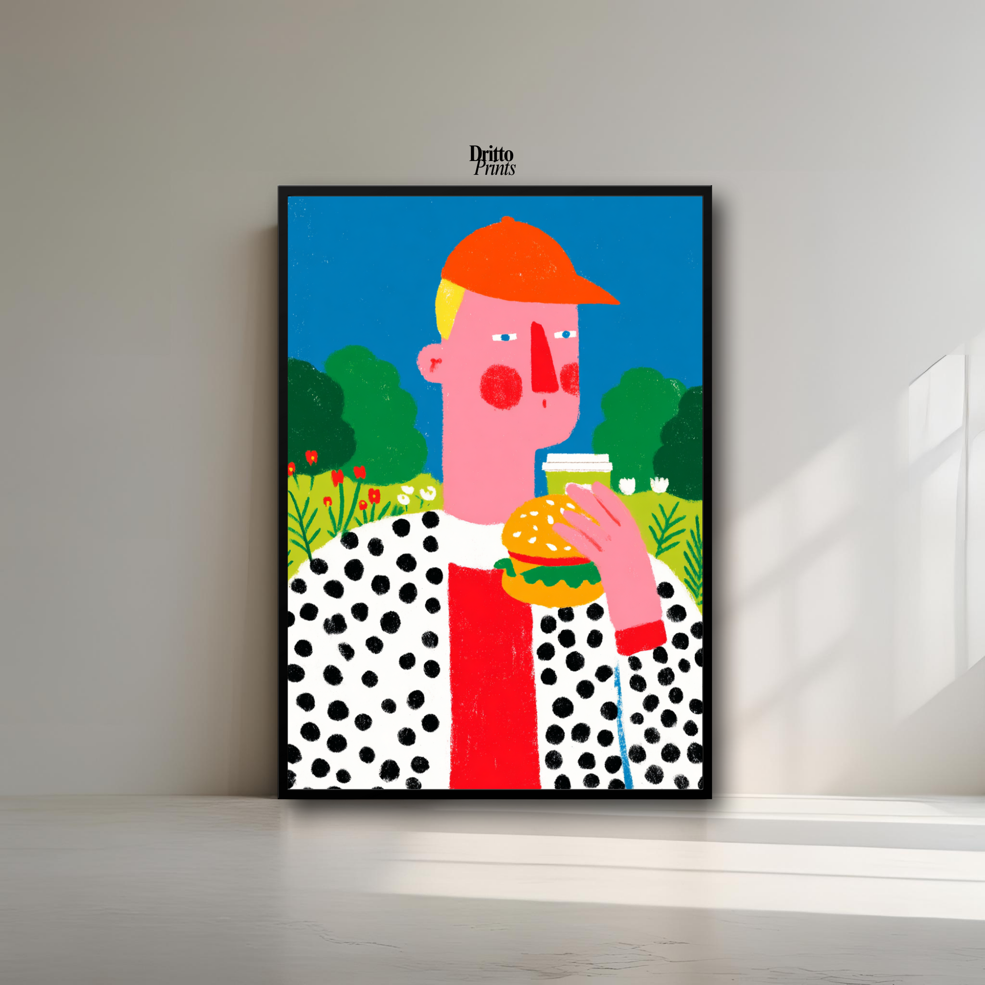 (FD45) Man Eating Burger in the Field –Framed matte paper poster