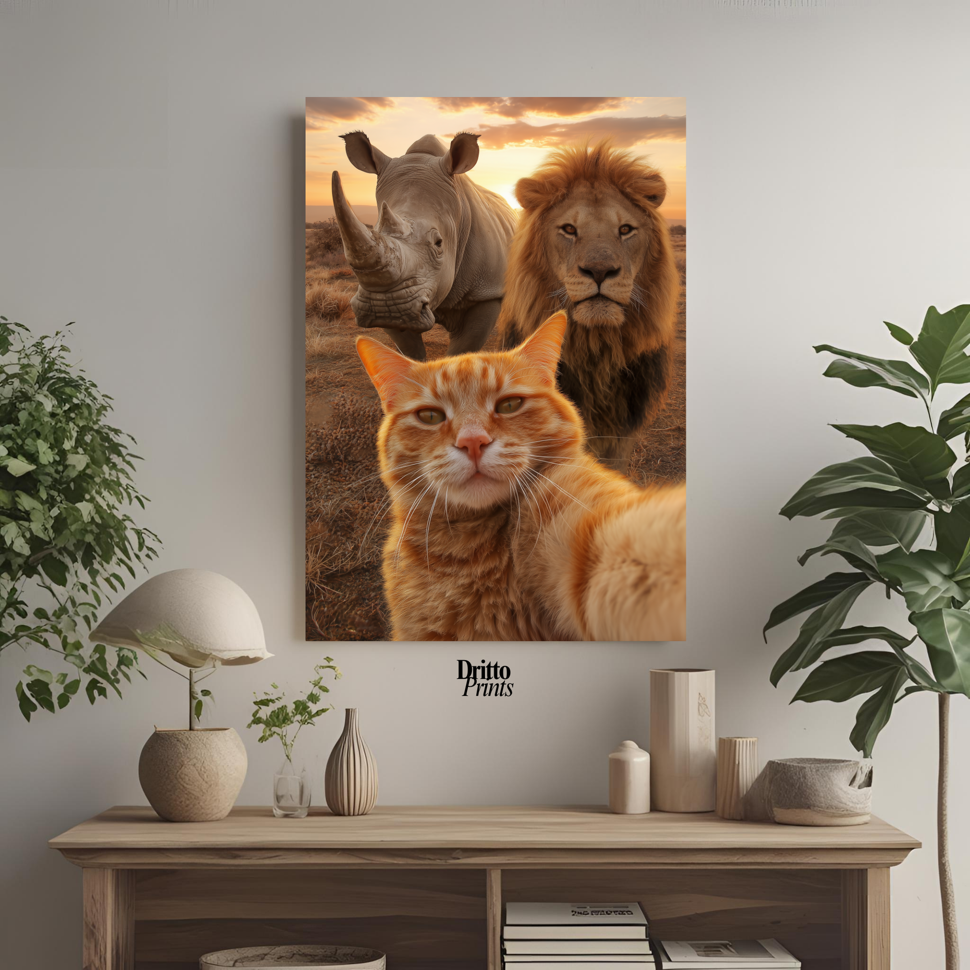 (PD26) Savannah Selfie: Tabby Cat, Lion & Rhino at Sunset Poster