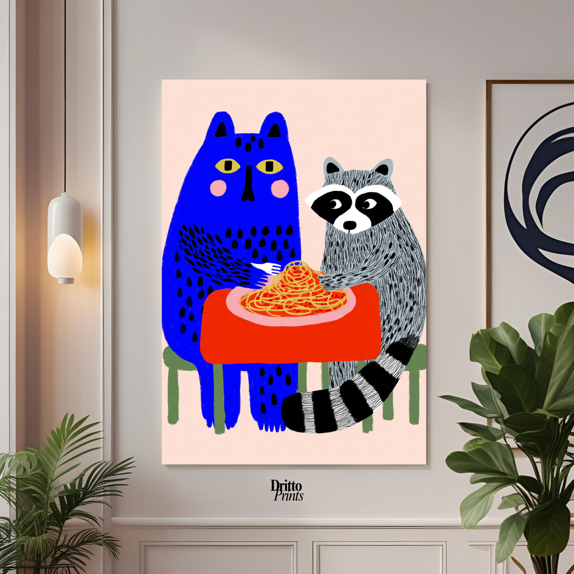 (PD44) Cat & Raccoon Dining Spaghetti - Poster