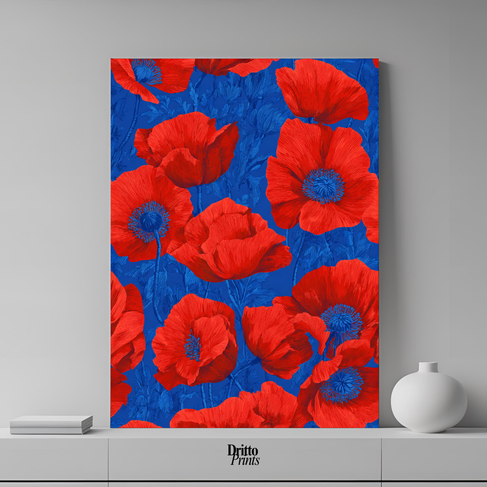 (CD9) Deco Bloom – Red Poppies on Blue Canvas