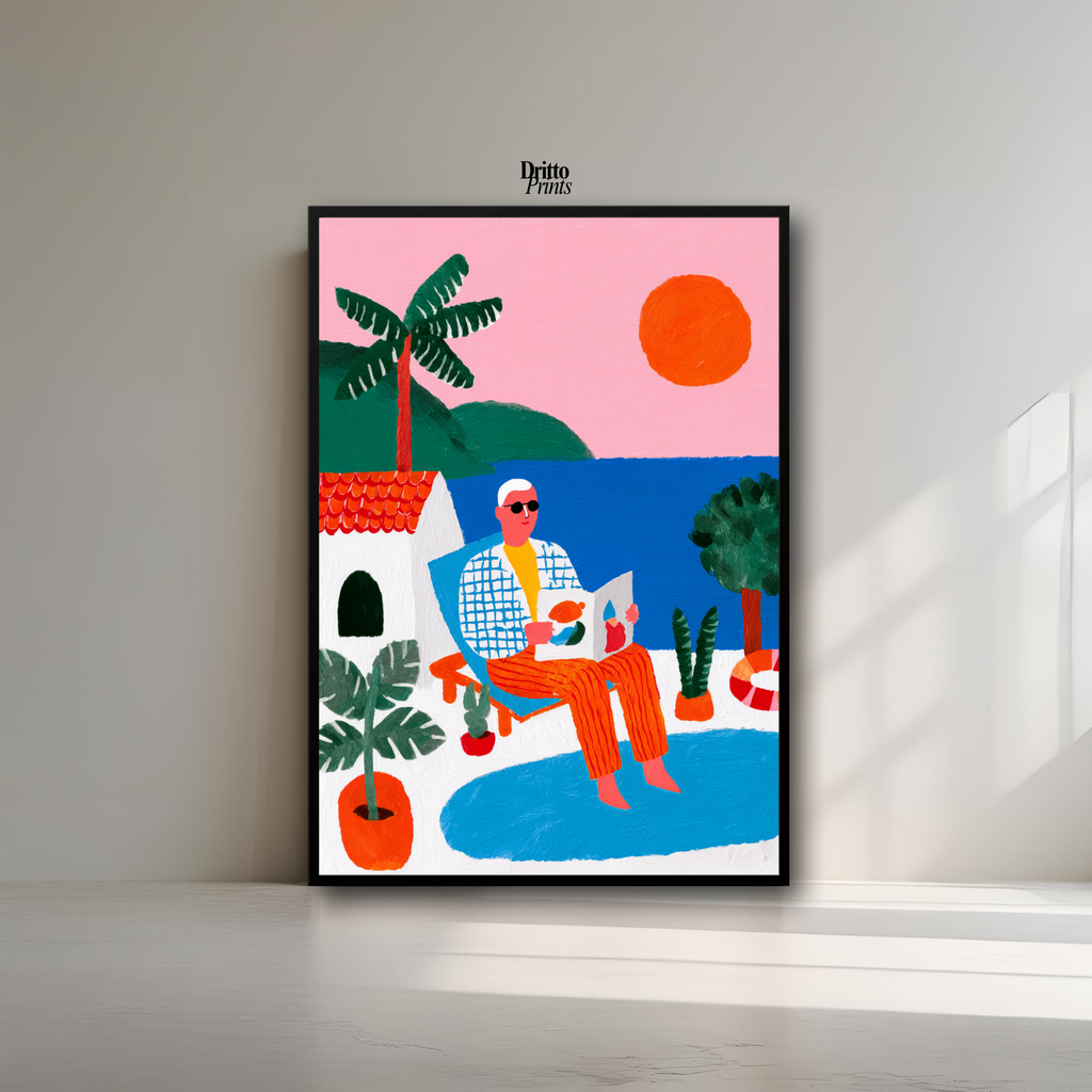(FD37) Morning Glow by the Pool – 1980s Villa Scene Framed matte paper poster