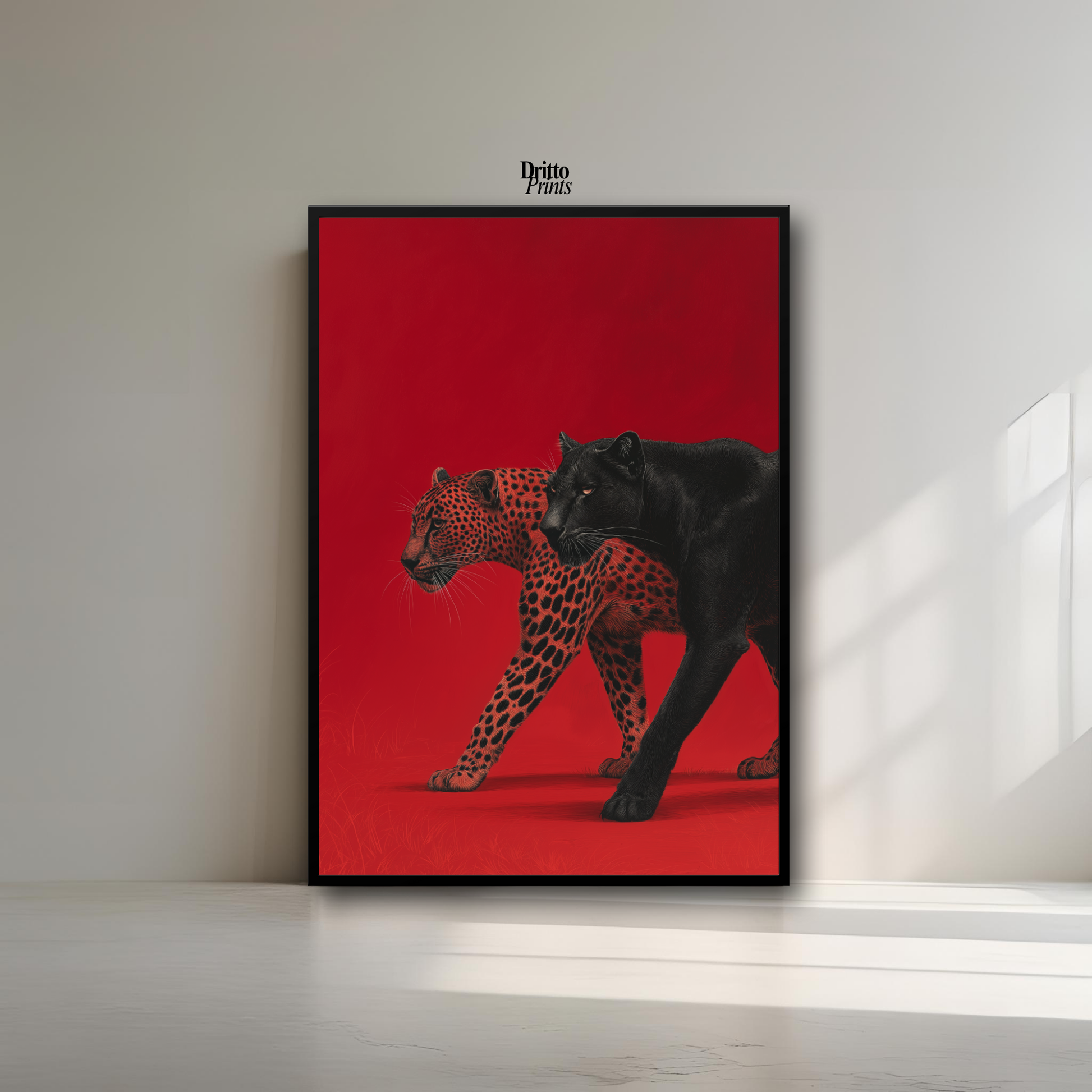 (FD32) Wild Pair – Black Panther & Cheetah Silhouette on Red Framed matte paper poster