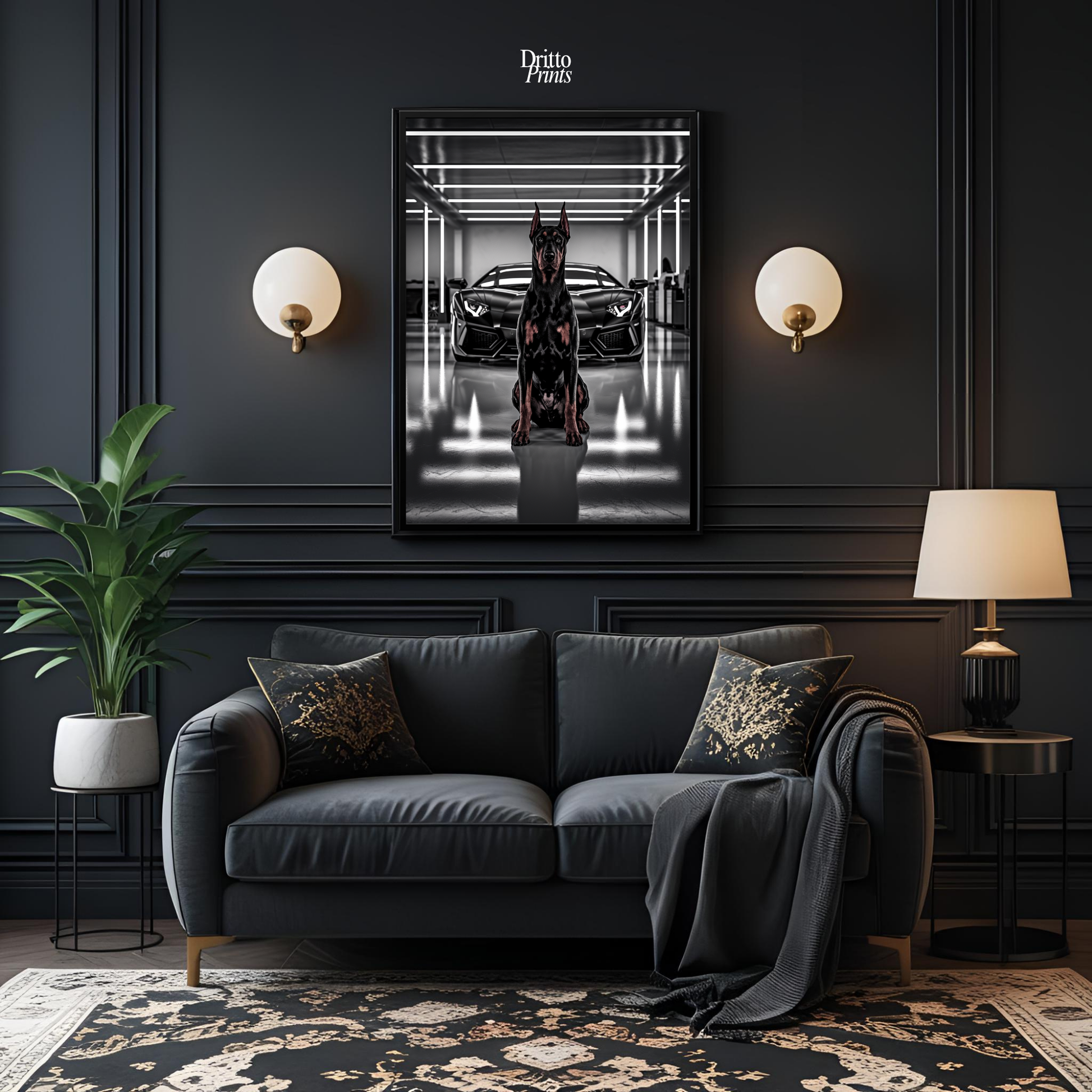 (FD6) The Garage King – Doberman and Aventador - Framed matte paper poster