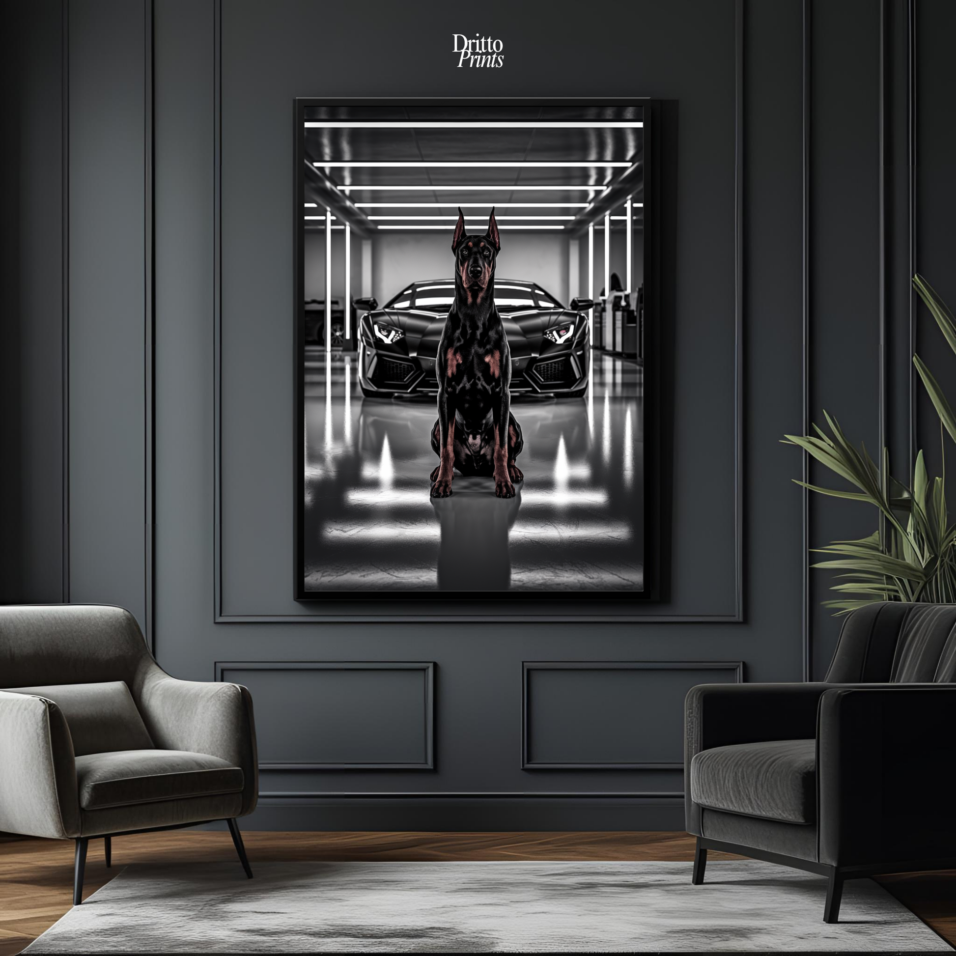 (FD6) The Garage King – Doberman and Aventador - Framed matte paper poster