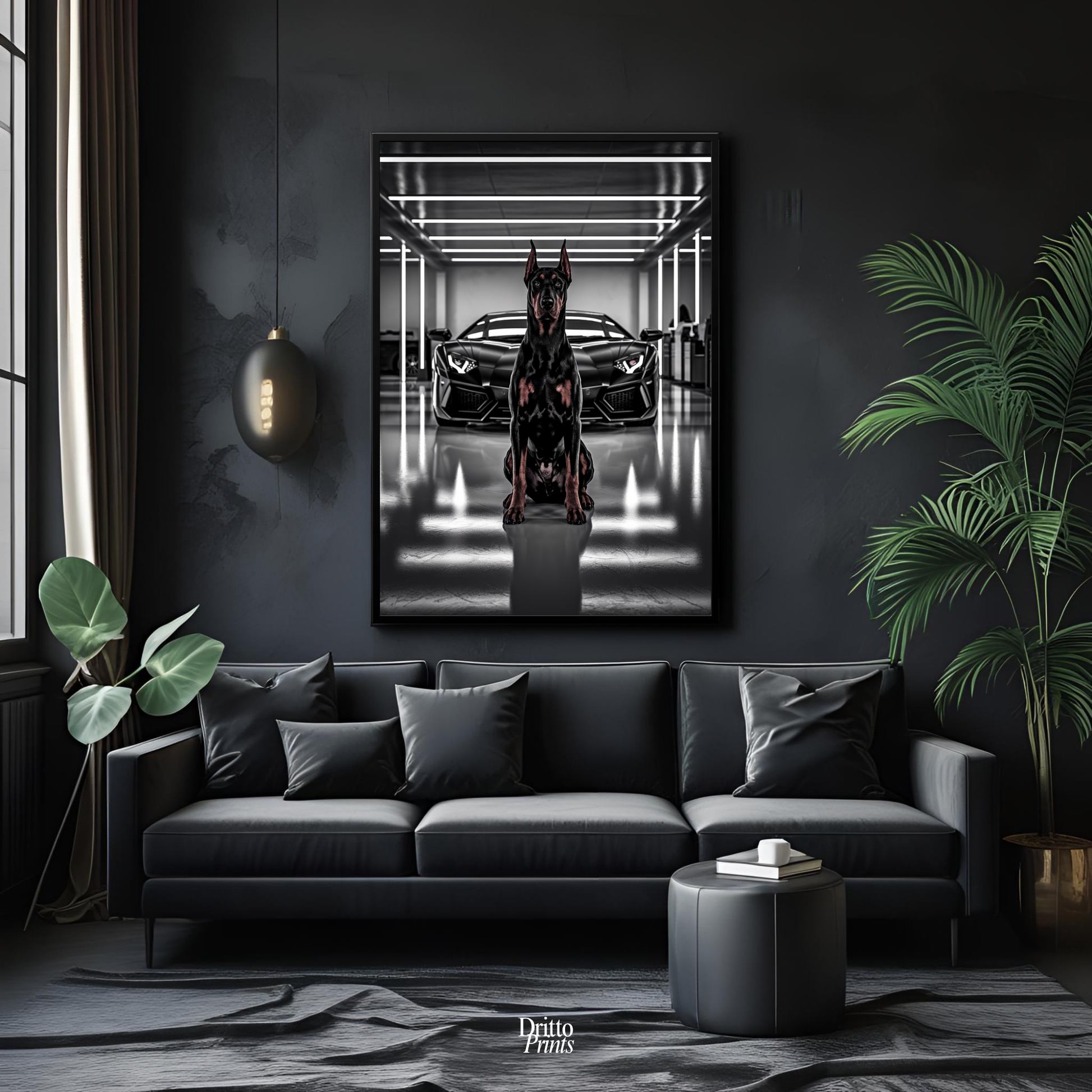 (FD6) The Garage King – Doberman and Aventador - Framed matte paper poster