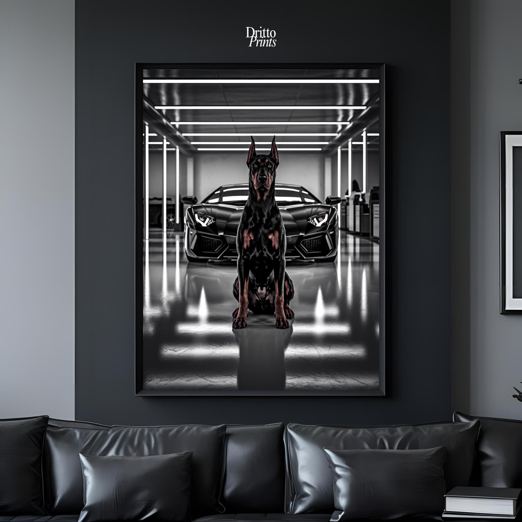 (FD6) The Garage King – Doberman and Aventador - Framed matte paper poster