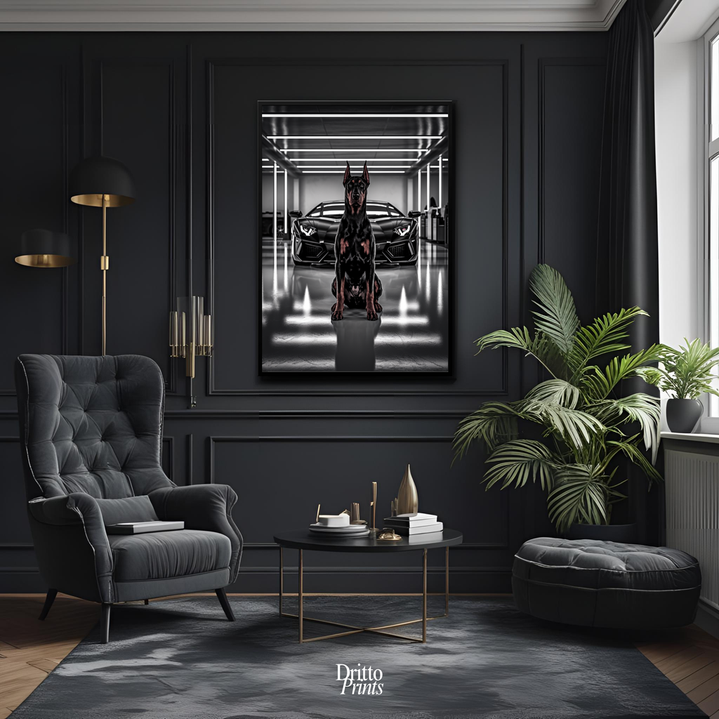 (FD6) The Garage King – Doberman and Aventador - Framed matte paper poster