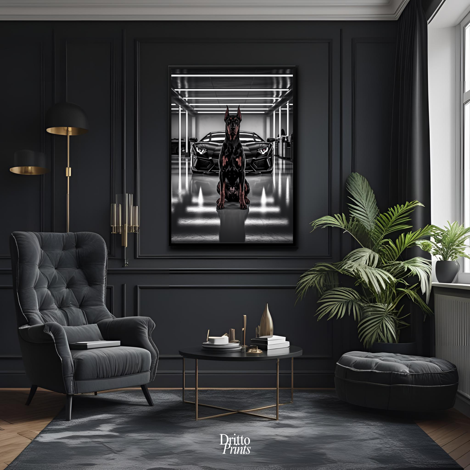 (FD6) The Garage King – Doberman and Aventador - Framed matte paper poster
