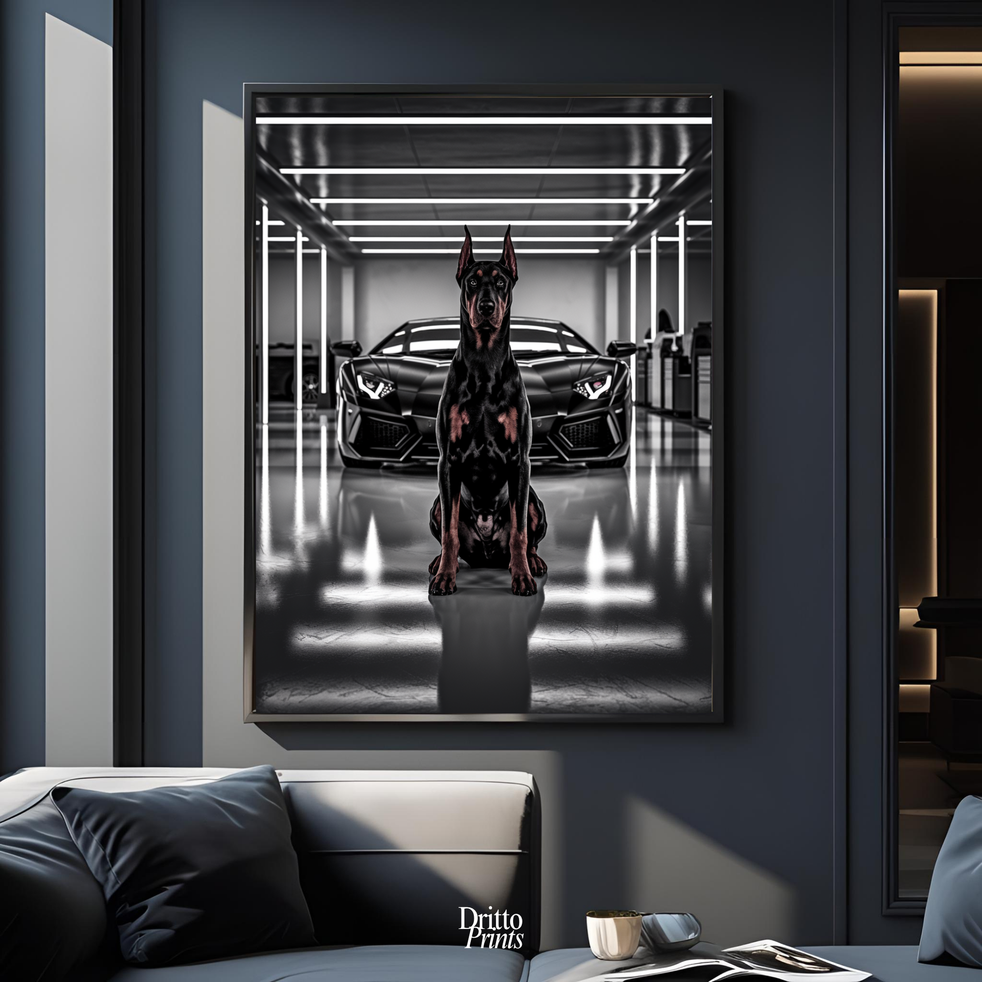 (FD6) The Garage King – Doberman and Aventador - Framed matte paper poster