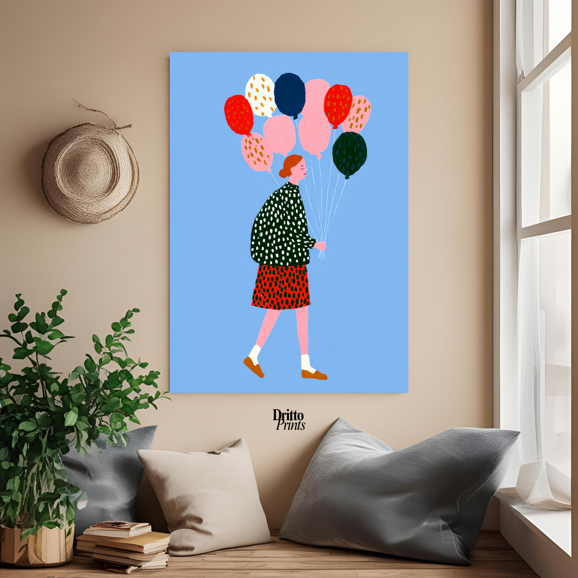 (PD35) Bright Skies – Girl with Colorful Balloons Poster