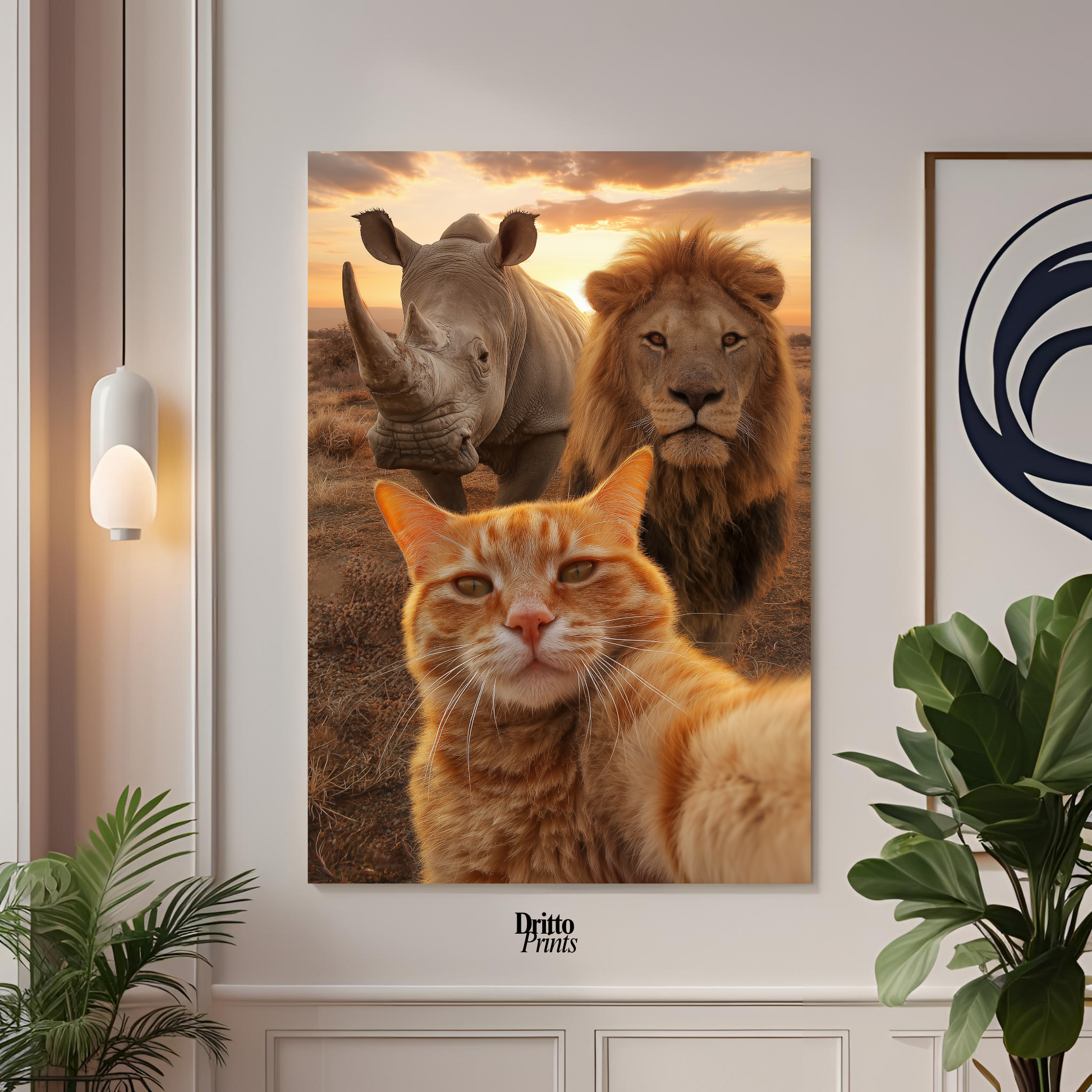 (PD26) Savannah Selfie: Tabby Cat, Lion & Rhino at Sunset Poster